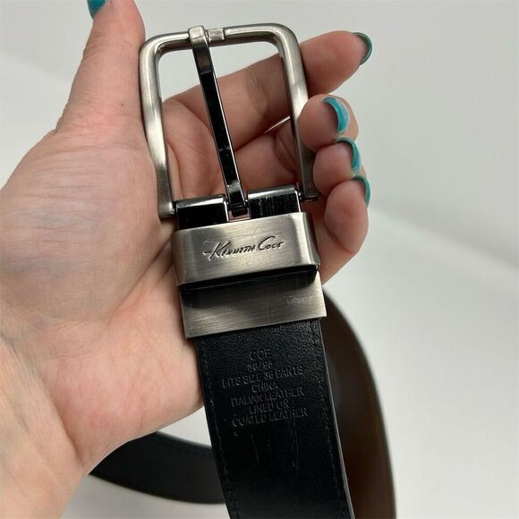 Kenneth Cole Men's Black Italian Leather Dress Belt Size 36 Silver Tone Buckle - Picture 3 of 10